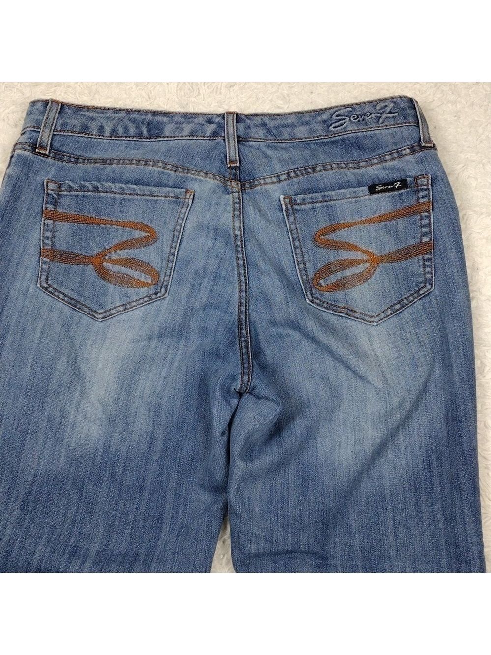 Seven7 Studio Blue Medium Wash Embroidered Five Pocket High Rise Flare Leg Jean - Picture 13 of 16